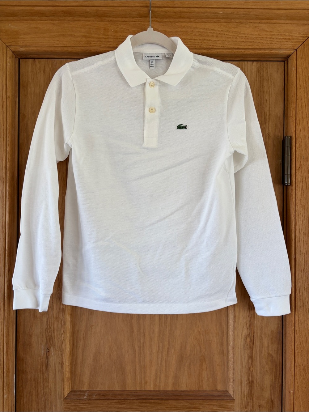 Lacoste boys Size 12 White Long-Sleeve Polo with Green Crocodile Embroidery
